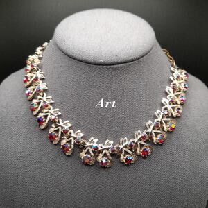 Vintage ART Red AB Rhinestone Choker Gold Tone Necklace 1950s